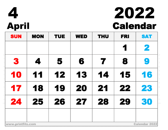 Free Printable April 2022 Calendar Letter Wide