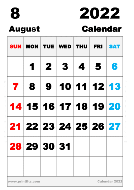 Free Printable August 2022 Calendar A4