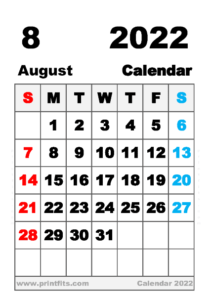 Free Printable August 2022 Calendar A6