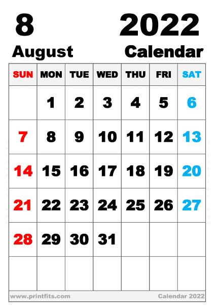 Free Printable August 2022 Calendar B5