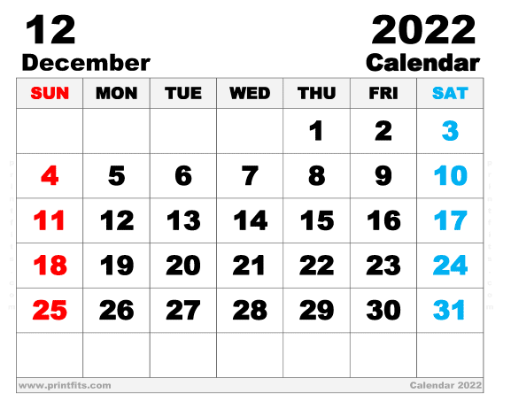 Free Printable December 2022 Calendar 14 x 11 Inches