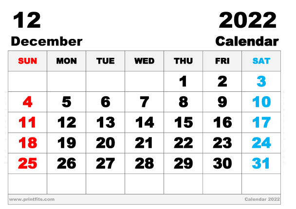 Free Printable December 2022 Calendar A3 Wide