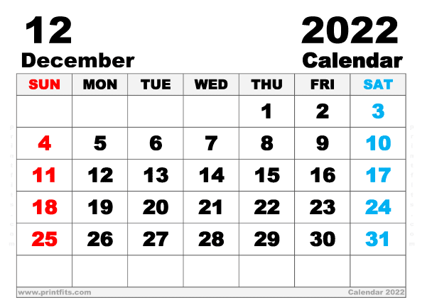 Free Printable December 2022 Calendar A4 Wide