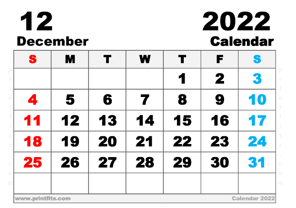Free Printable December 2022 Calendar A5 Wide