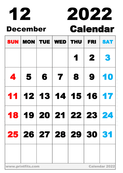 Free Printable December 2022 Calendar B5