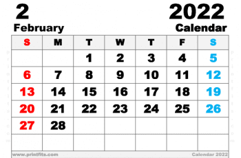 Free Printable February 2022 Calendar A5 Wide
