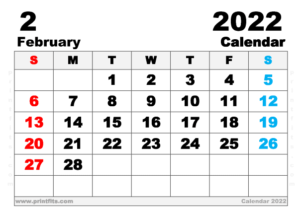 Feb 2022 Calendar Printable Free Printable February 2022 Calendar A5 Wide