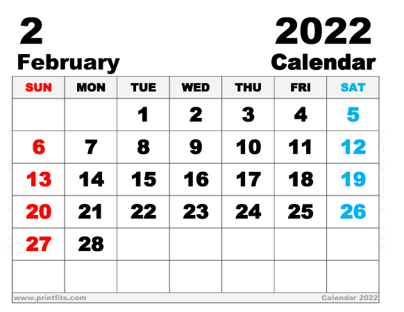 Free Printable February 2022 Calendar Letter Wide