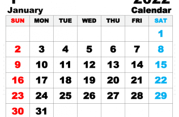 Free Printable January 2022 Calendar 14 x 11 Inches