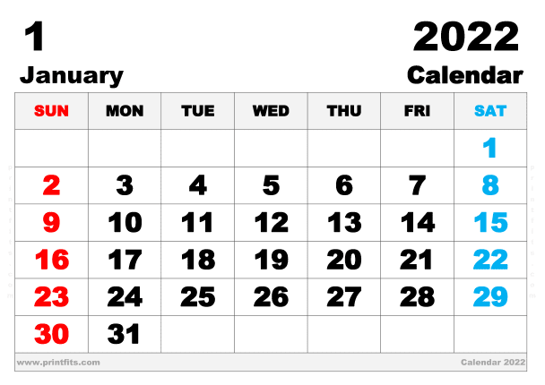 Free Printable January 2022 Calendar A3 Wide