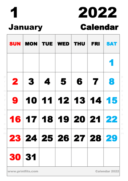 Free Printable January 2022 Calendar A4