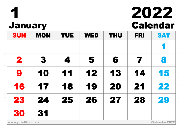 Free Printable January 2022 Calendar A4 Wide