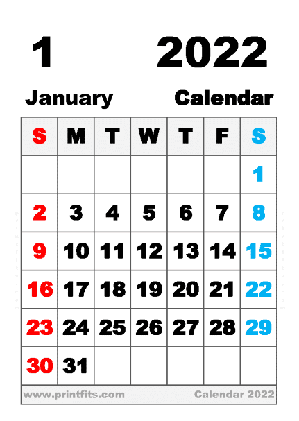 Free Printable January 2022 Calendar A6