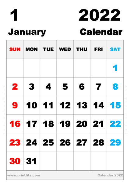 Free Printable January 2022 Calendar B4