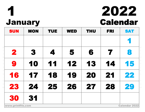 Free Printable January 2022 Calendar Letter Wide