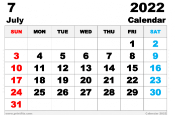 Free Printable July 2022 Calendar A3 Wide