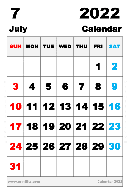 Free Printable July 2022 Calendar A4