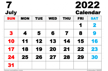 Free Printable July 2022 Calendar A4 Wide