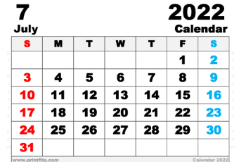 Free Printable July 2022 Calendar A5 Wide