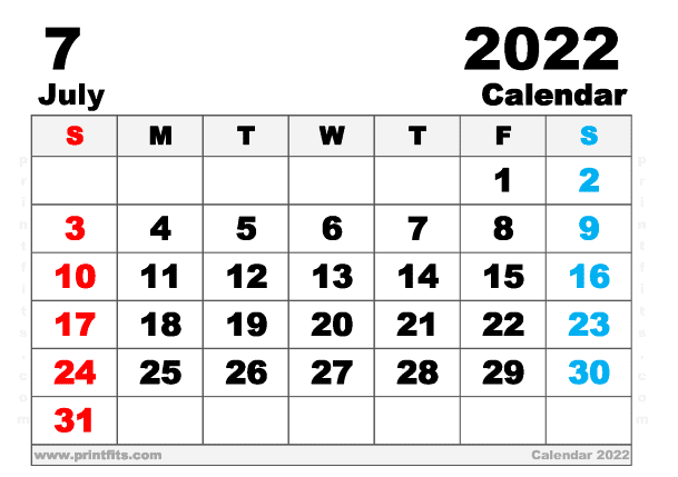 Free Printable July 2022 Calendar A5 Wide