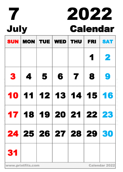 Free Printable July 2022 Calendar B5