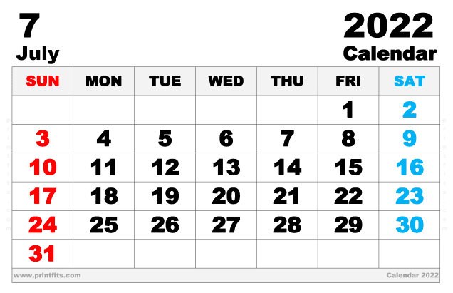 Free Printable July 2022 Calendar Ledger