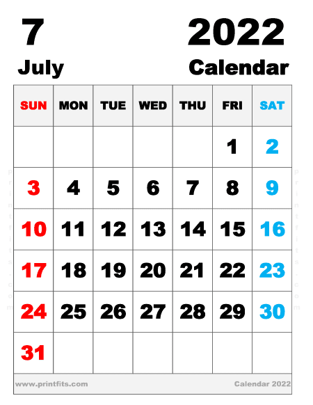 Free Printable July 2022 Calendar Letter