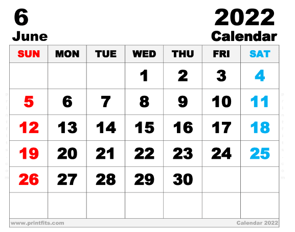 Free Printable June 2022 Calendar 14 x 11 Inches