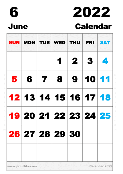 Free Printable June 2022 Calendar A4