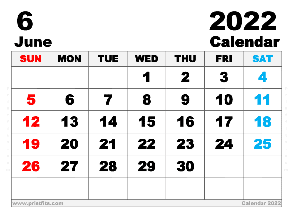 Print June 2022 Calendar Free Printable June 2022 Calendar A4 Wide