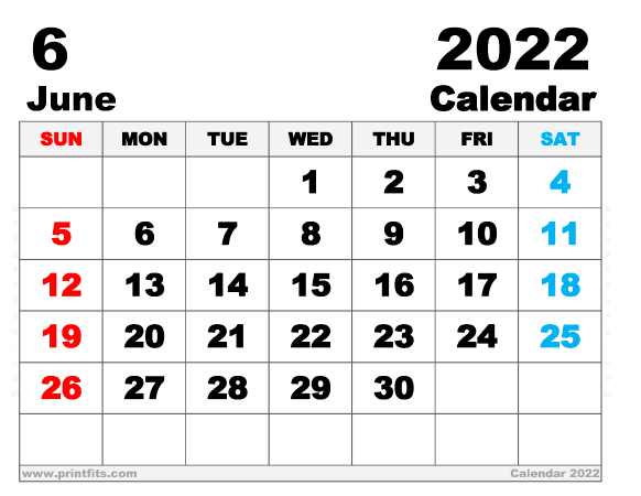 Free Printable June 2022 Calendar Letter Wide