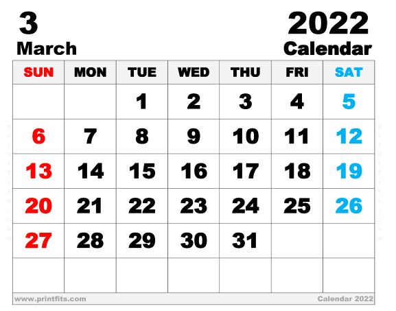 Free Printable March 2022 Calendar 14 x 11 Inches