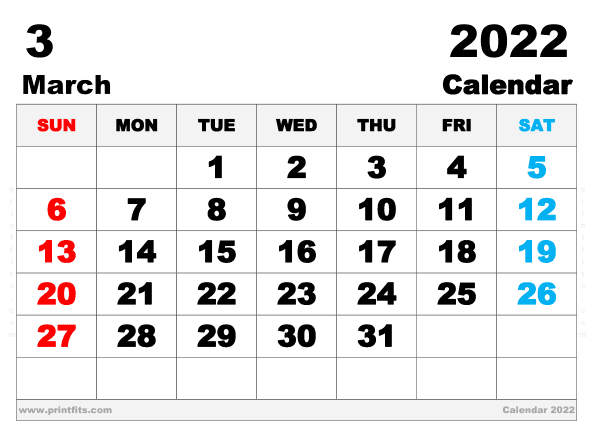 Free Printable March 2022 Calendar A3 Wide
