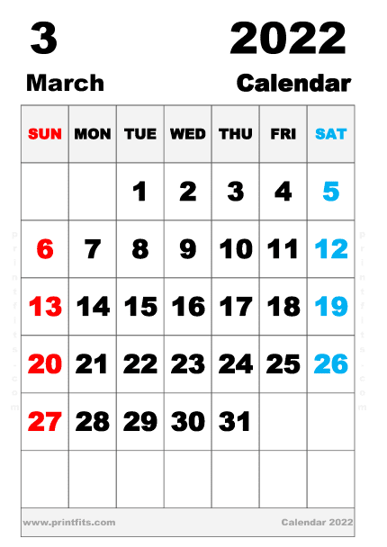 Free Printable March 2022 Calendar A4