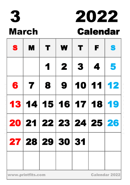 Free Printable March 2022 Calendar A5