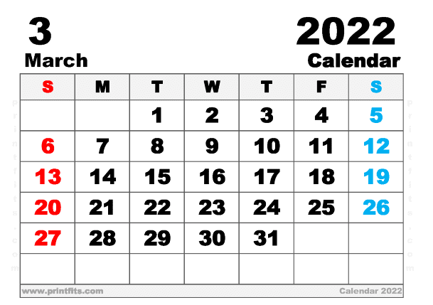 Free Printable March 2022 Calendar Free Printable March 2022 Calendar A5 Wide