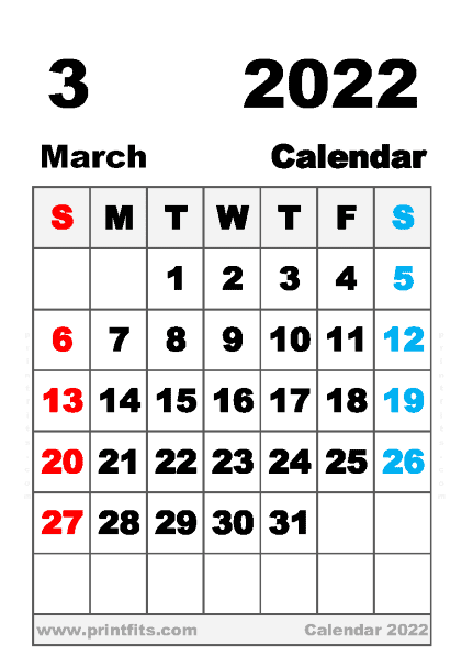 Free Printable March 2022 Calendar A6