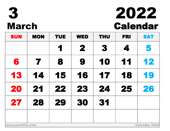 Free Printable March 2022 Calendar Letter Wide