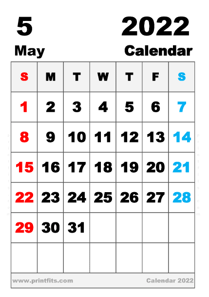 Free Printable May 2022 Calendar A5