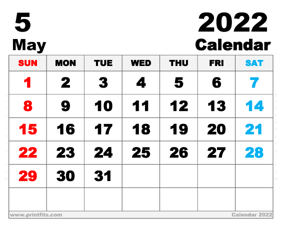 Free Printable May 2022 Calendar Letter Wide