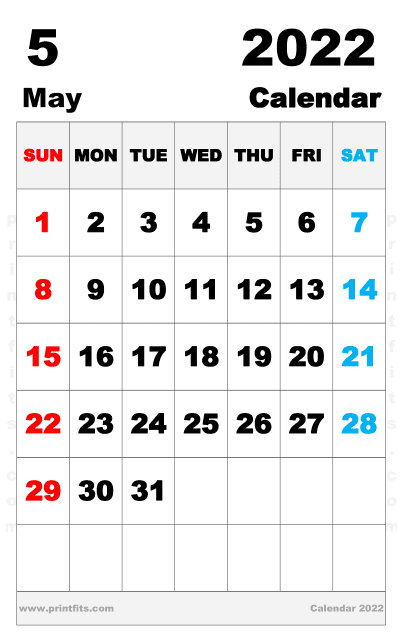 Free Printable May 2022 Calendar Tabloid