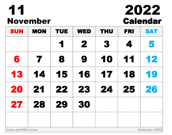 Free Printable November 2022 Calendar 14 x 11 Inches