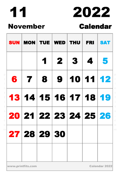 Free Printable November 2022 Calendar A4