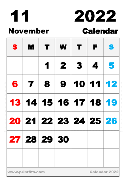 Free Printable November 2022 Calendar A5