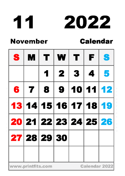 Free Printable November 2022 Calendar A6