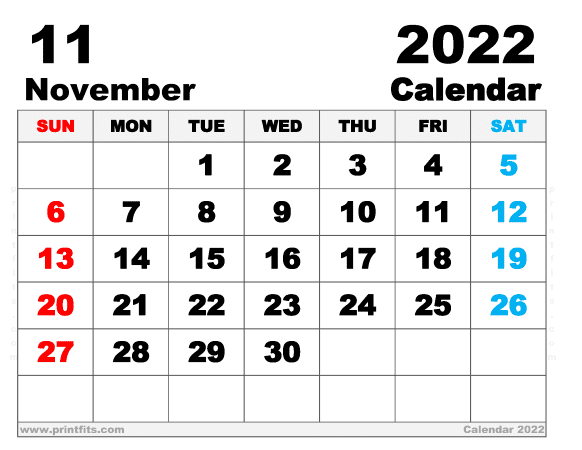 Free Printable November 2022 Calendar Letter Wide