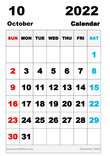 Free Printable October 2022 Calendar A4