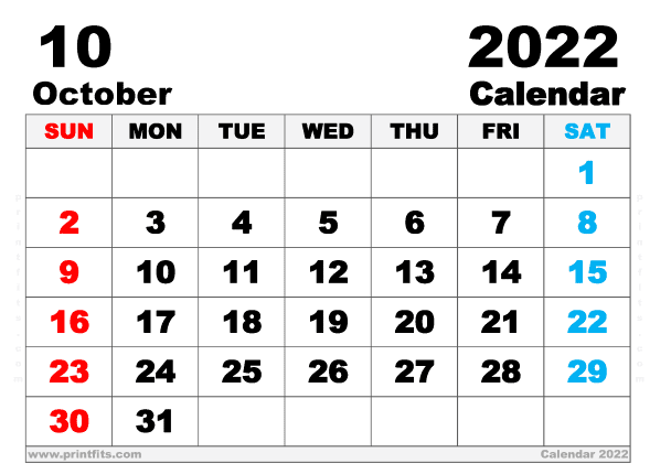 Free Printable October 2022 Calendar A4 Wide