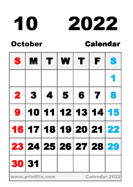Free Printable October 2022 Calendar A6