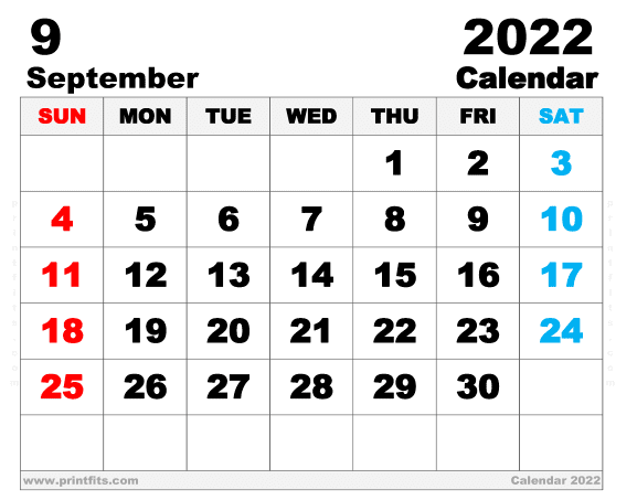 Free Printable September 2022 Calendar 14 x 11 Inches